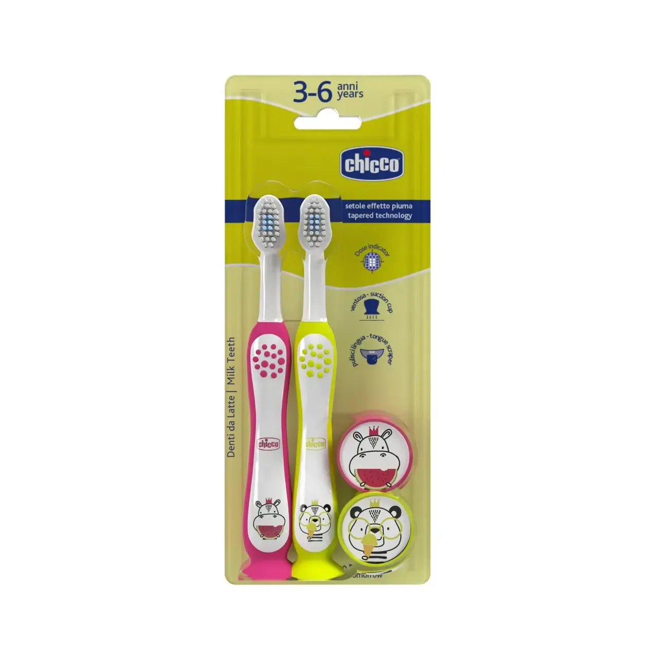 Chicco Pack 2 Escovas Hipo-Panda 3-6A com capa protetora e ventosa