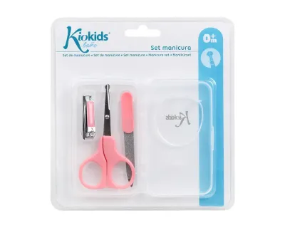 Estojo de manicure Kiokids para bebé, com tesoura de pontas arredondadas, corta-unhas, lima e caixa de transporte compacta.