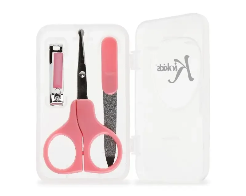 Estojo de manicure Kiokids para bebé, com tesoura de pontas arredondadas, corta-unhas, lima e caixa de transporte compacta.