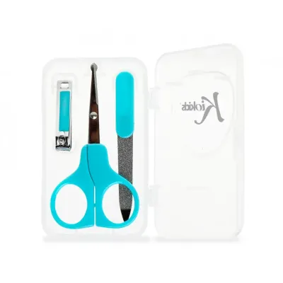 Estojo de manicure Kiokids para bebé, com tesoura de pontas arredondadas, corta-unhas, lima e caixa de transporte compacta.
