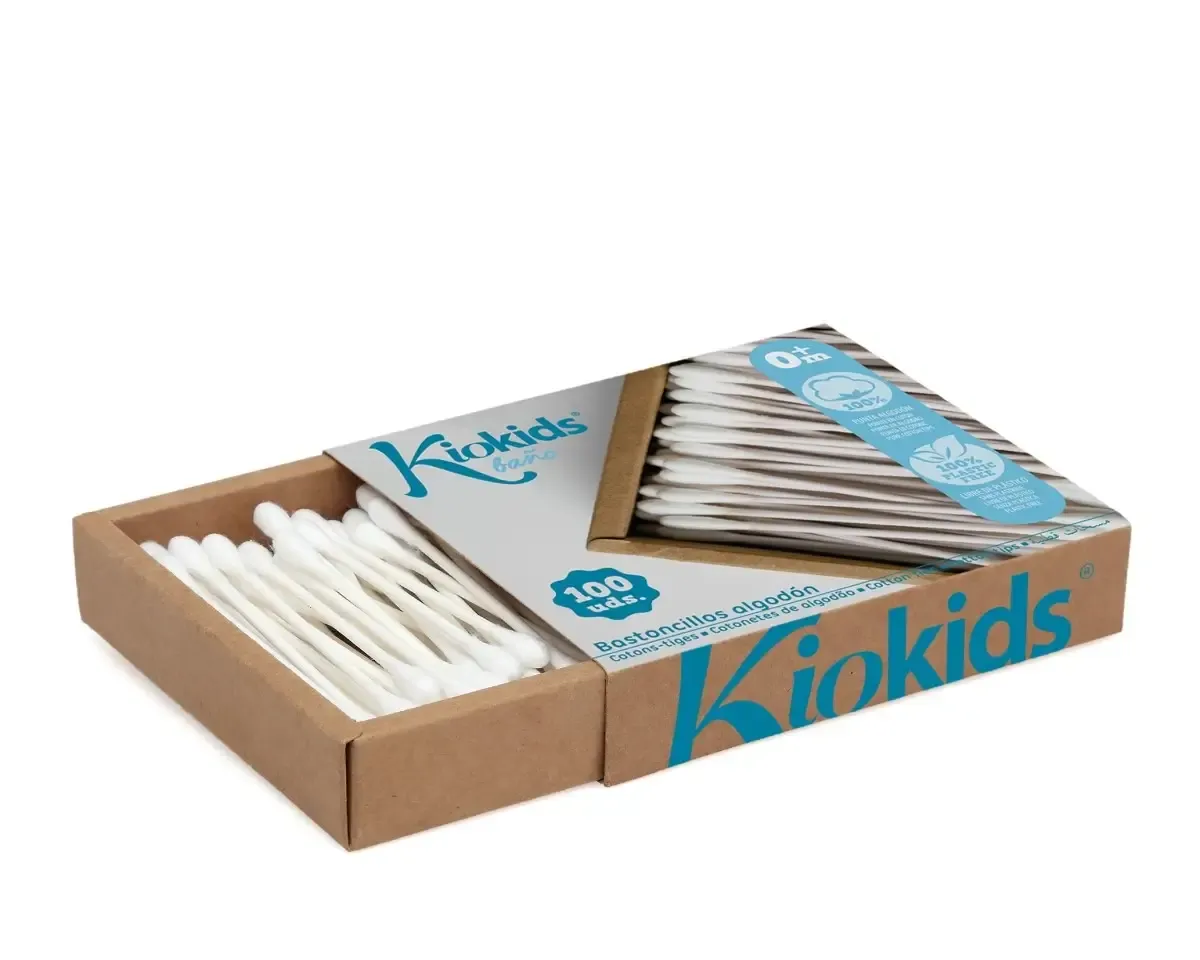 Caixa de cotonetes de algodão Kiokids — higiene suave e segura para bebés e toda a família