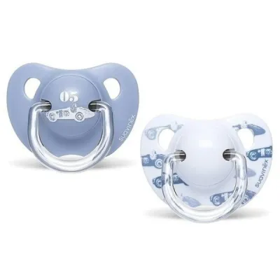Chupetas anatómicas Suavinex Baby Stories em silicone azul para bebés de 6 a 18 meses.
