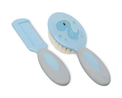 Conjunto de pente e escova Kiokids com tema de dinossauro em azul para bebês