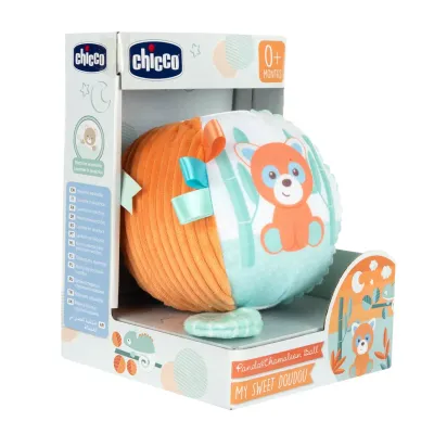 Bola sensorial Chicco Doudou com tecidos variados e chocalho interno para bebés.