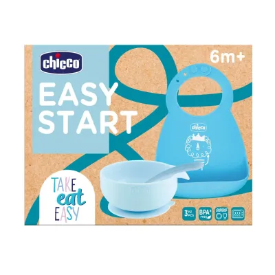 Conjunto Chicco Easy Start com tigela, colher e babador de silicone azul-petróleo.