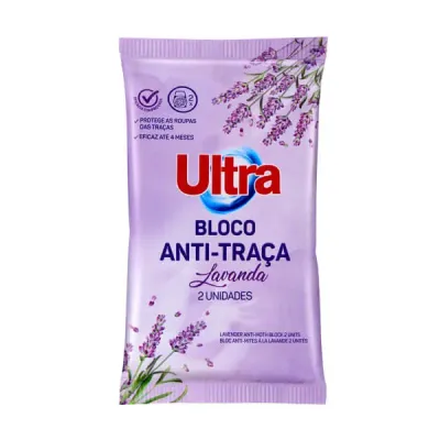 Bloco Anti-Traça Ultra Pro com aroma a lavanda, embalagem com 2 unidades.