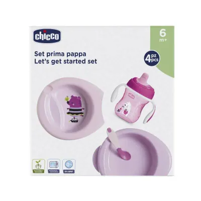 Conjunto de alimentação Chicco para bebés a partir dos 6 meses com prato térmico, tigela, copo e colher.