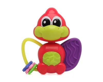 Mordedor Musical Dinossauro Kiokids vermelho com luzes e sons para bebês a partir de 3 meses.