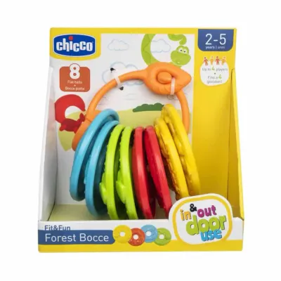 Conjunto de tigelas coloridas da Chicco com animais da floresta para jogo de bocha infantil.