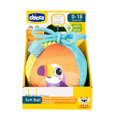 Chicco Bolinha Soft - Bola macia com etiquetas coloridas e sons de chocalho.