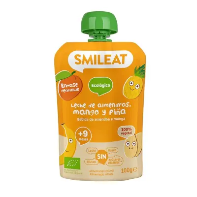 Saqueta orgânica Smileat com leite de amêndoa, manga e ananás para bebés 100g