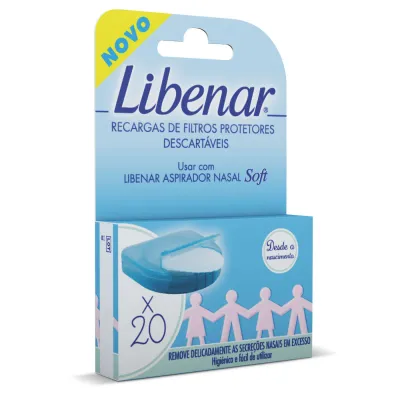 Embalagem com 20 recargas descartáveis para aspirador nasal Libenar, ideais para a higiene nasal do bebé.