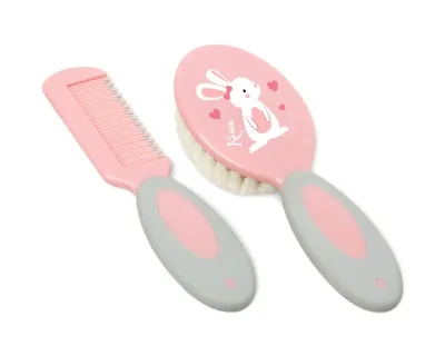 Conjunto de pente e escova Kiokids em coelhinho rosa com cerdas naturais para bebês