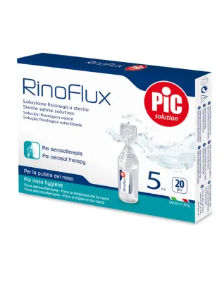 Rinoflux Soro Fisiológico Solução Pic 5ml x20 em embalagem conveniente para uso diário.