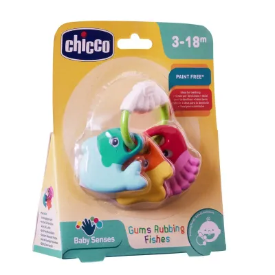 Chicco Anel Dentição Peixinhos em plástico macio para acalmar as gengivas.