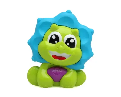 Mordedor Musical Dinossauro Kiokids verde e azul com luzes e sons para bebês a partir de 3 meses.