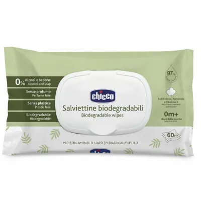 Toalhitas Biodegradáveis Chicco 60 Unidades - Limpeza Natural para Bebés