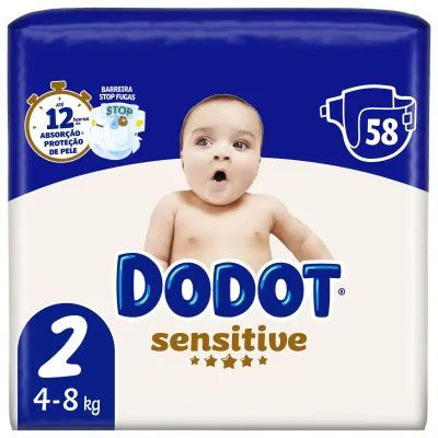Dodot Fralda Sensitive T2 (4-8Kg) 58 Unidades: Fraldas macias, respiráveis e dermatologicamente testadas para o conforto do seu bebê.