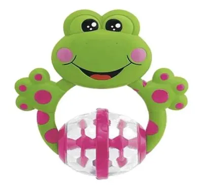Roca Chicco em formato de rã com partes macias para dentição e estímulo sensorial.