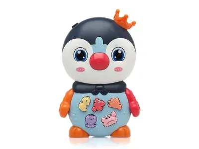 Pinguim musical infantil Kiokids com coroa iluminada e botões de sons.