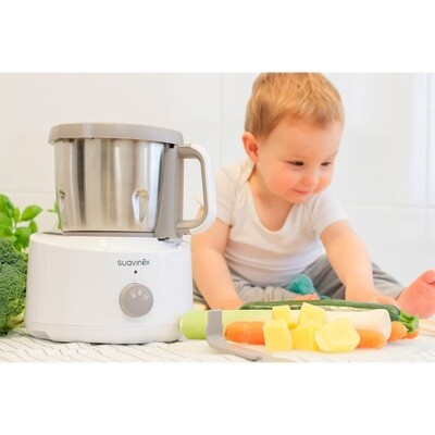 Robô de Cozinha Suavinex de cor branca com design moderno e multifuncional, ideal para preparar refeições saudáveis ​​para o seu bebê com rapidez e praticidade.