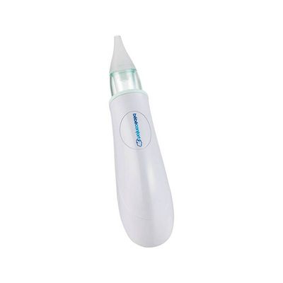  Aspirador nasal elétrico Bébé Confort aberto mostrando as pontas de silicone e o compartimento de pilhas.