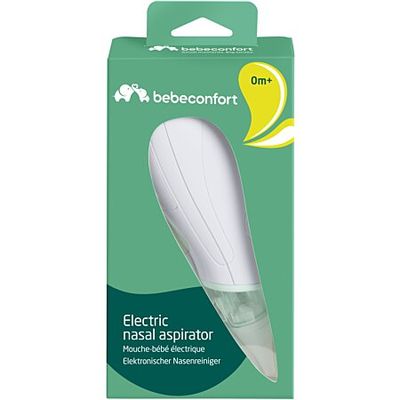  Aspirador nasal elétrico Bébé Confort aberto mostrando as pontas de silicone e o compartimento de pilhas.