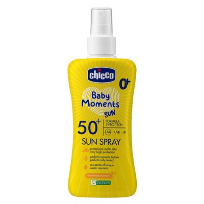 Chicco | Spray Protetor Solar Baby Moments SPF50+ 150ml Chicco Spray Solar Baby Moments FPS50+: Protetor solar em spray com FPS50+ para bebês. Oferece alta proteção contra raios UVA, UVB e IV. Resistente à água e areia. Fácil de aplicar. 150ml.