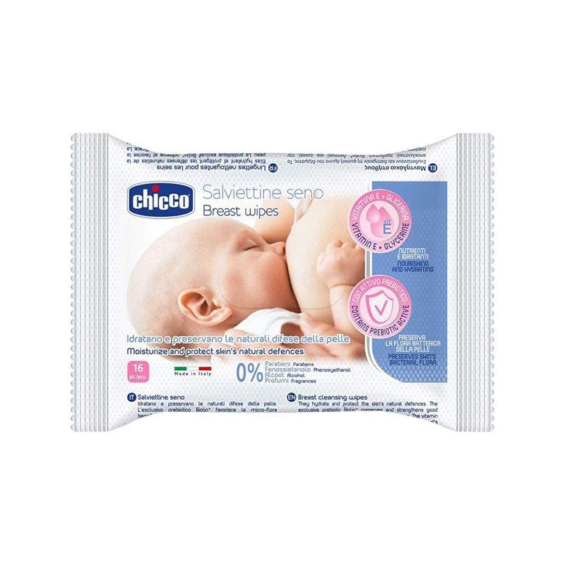 Chicco Toalhetes de Limpeza de Seios: Toalhetes úmidos sem perfume para limpeza suave dos seios das mães. Formulado com ingredientes naturais para hidratar e proteger a pele sensível. 16 unidades.