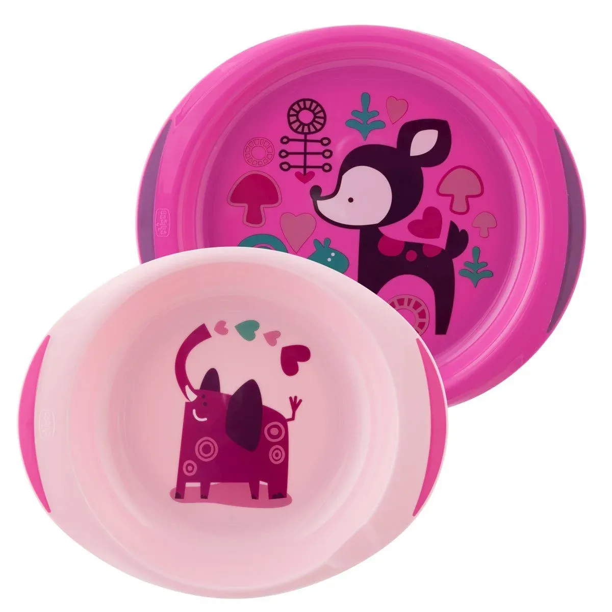  Chicco Conjunto de Pratos 12m+ Rosa: Inclui prato raso, prato fundo para bebês a partir de 12 meses. Design ergonômico e cores vibrantes. Design divertido e cores vibrantes para tornar a hora da papa mais agradável.