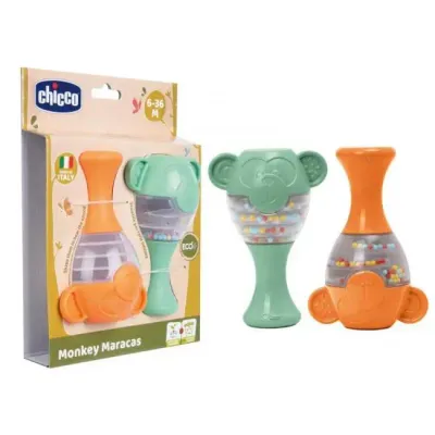 Duas maracas Chicco em forma de macaquinho, feitas de plástico reciclado, para bebés de 6 a 36 meses.