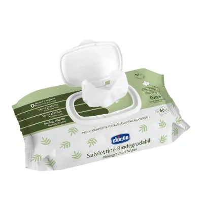 Toalhitas Biodegradáveis Chicco 60 Unidades - Limpeza Natural para Bebés