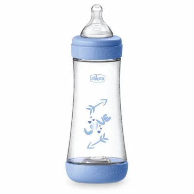 Chicco | Mamadeira Silicone Perfect5 4M+ 300ml Azul Mamadeira Chicco Perfect5 Silicone 300ml com sistema anticólica