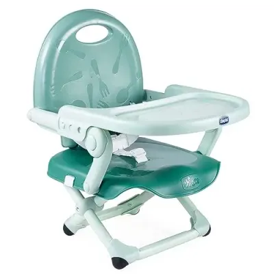 Assento Elevatório Pocket Snack Booster Sage da Chicco: prático, compacto e ideal para refeições fora de casa.