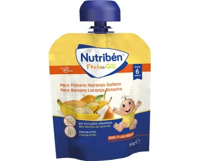 Nutribén Fruta&Go Pera, Banana, Laranja e Bolacha — snack natural para bebés +6 meses