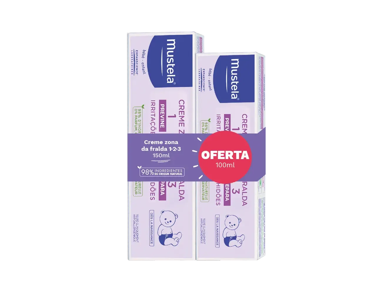 Mustela Creme Zona da Fralda 123 150ml + Oferta 100ml — proteção completa contra irritações e vermelhidão