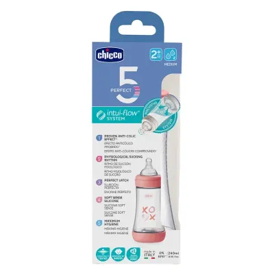 Chicco Biberão Perfect 5 240ml Rosa 2M+ anticólicas com tetina silicone