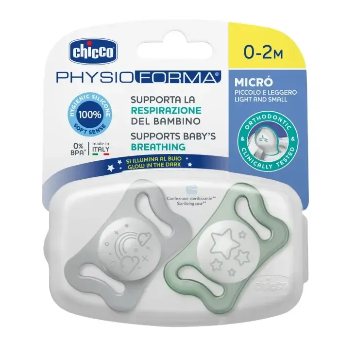 Chicco Chupeta PhysioForma Micro Lumi Verde 0-2M 2 Unidades em silicone