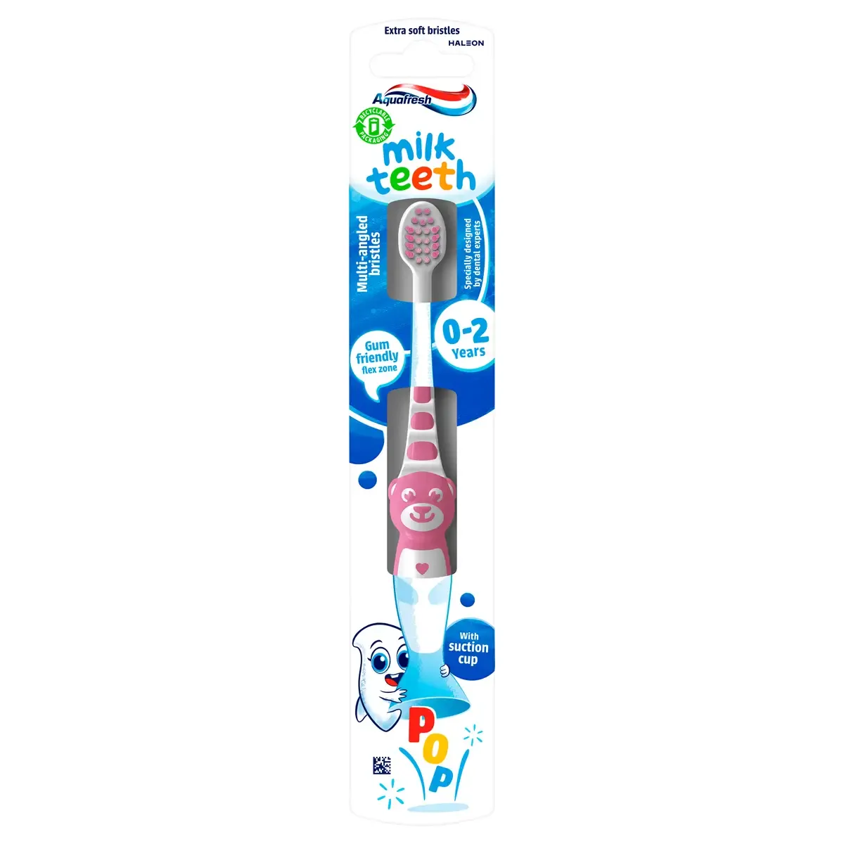 Escova de dentes Aquafresh Milk Teeth, ideal para bebês de 0 a 2 anos, com cerdas macias e design seguro.