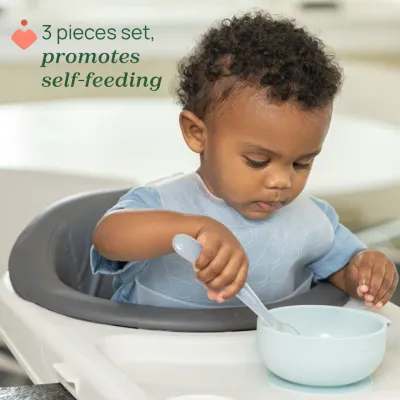 Conjunto de alimentação Chicco Easy Start 6M+ em silicone, com tigela com ventosa, babador de rolo e colher macia.