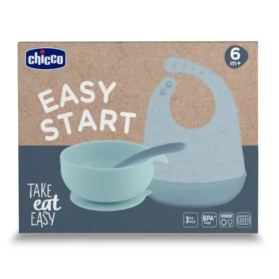 Chicco | Conjunto de Alimentação Easy Start Blue 6M+ Conjunto de alimentação Chicco Easy Start 6M+ em silicone, com tigela com ventosa, babador de rolo e colher macia.