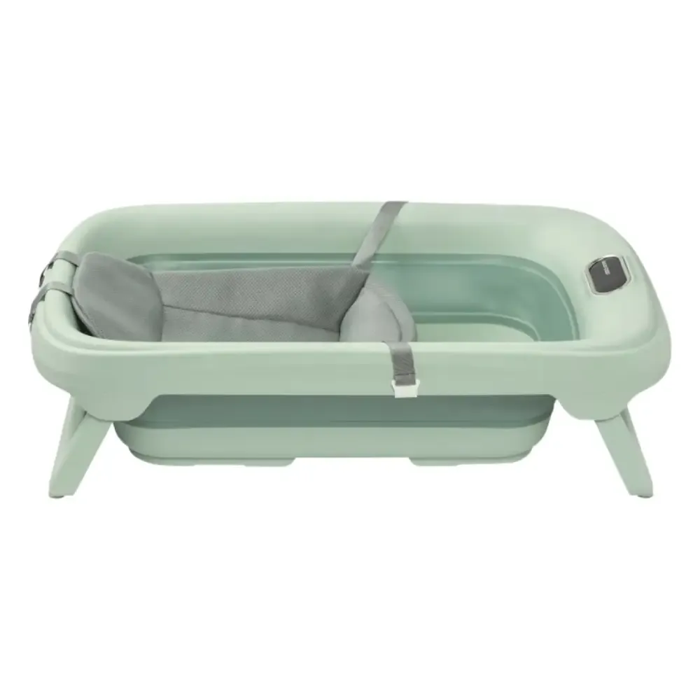 Banheira Maxi-Cosi Indigo Plus Green dobrável com termómetro HighSense integrado e redutor QuickDry para recém-nascidos.