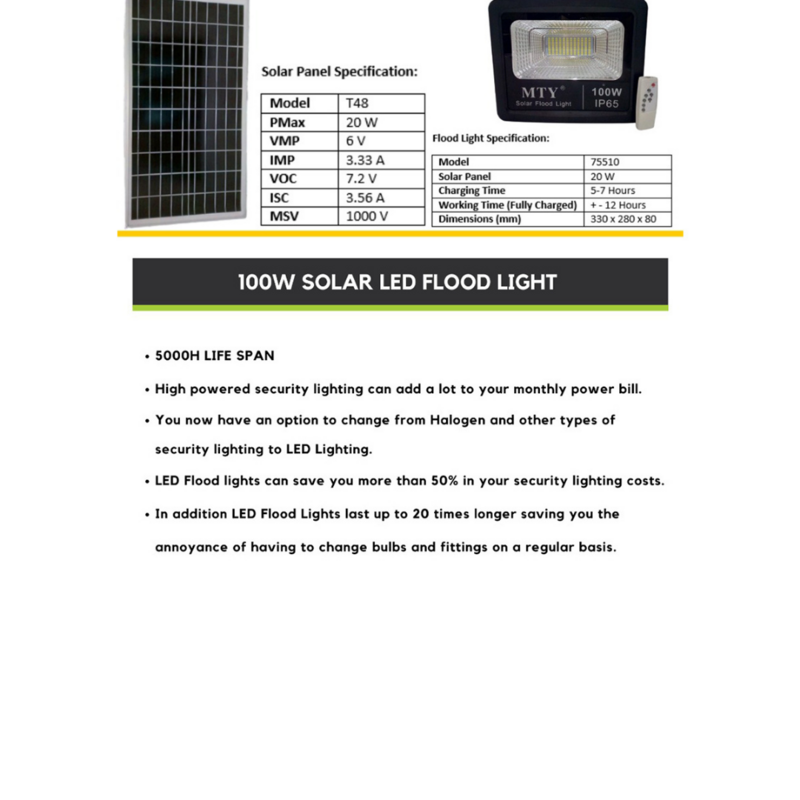 Light LED Mty 100W Floodlight + PV Panel and Remote