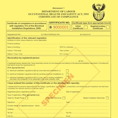 Install Electrical Certificate of Compliance and SSEG Report
