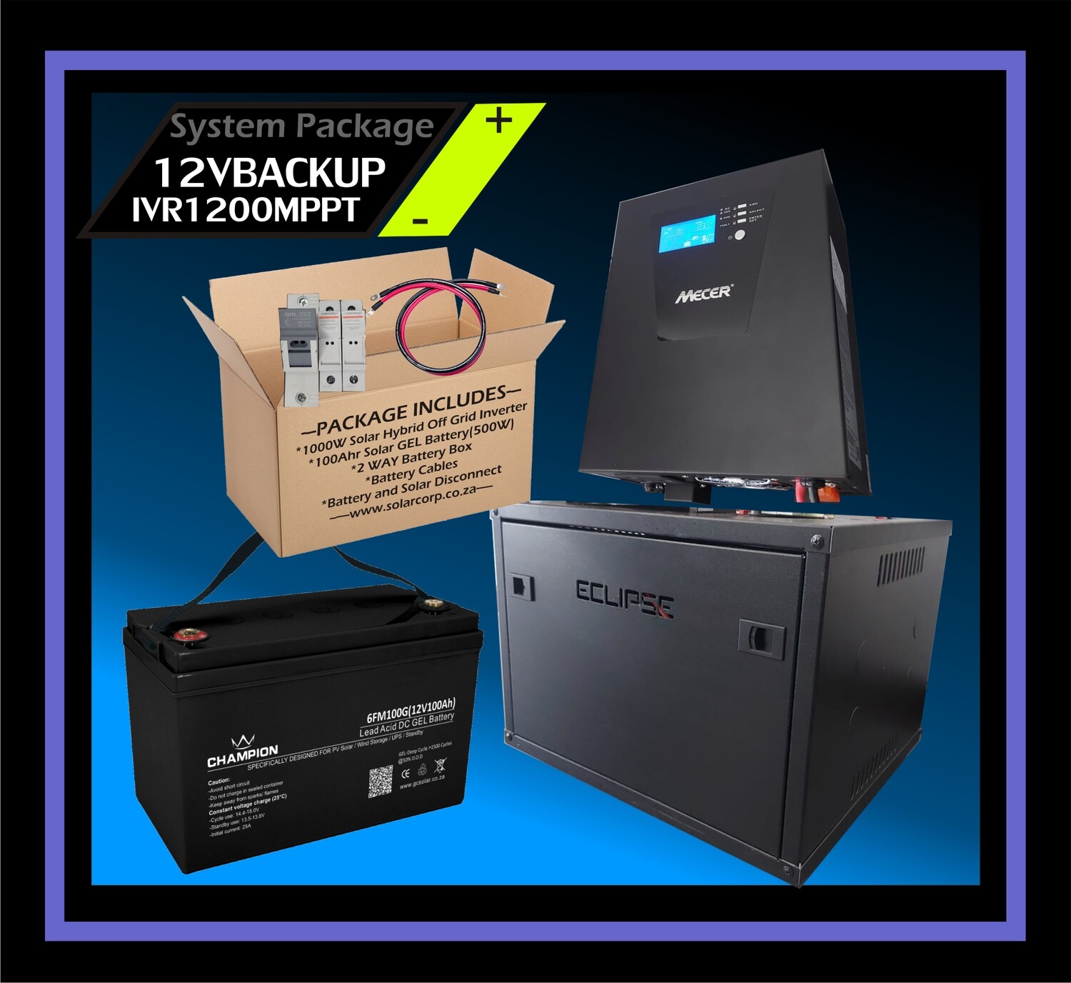 System Mecer Hybrid Off-Grid 12V 1kW Inverter 500Whr GEL