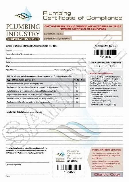 Install Plumbing Certificate of Compliance
