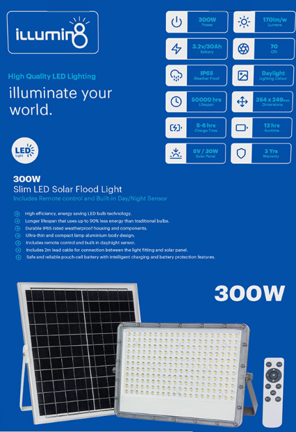 Light LED illumi8 300W Floodlight + PV Panel and Remote