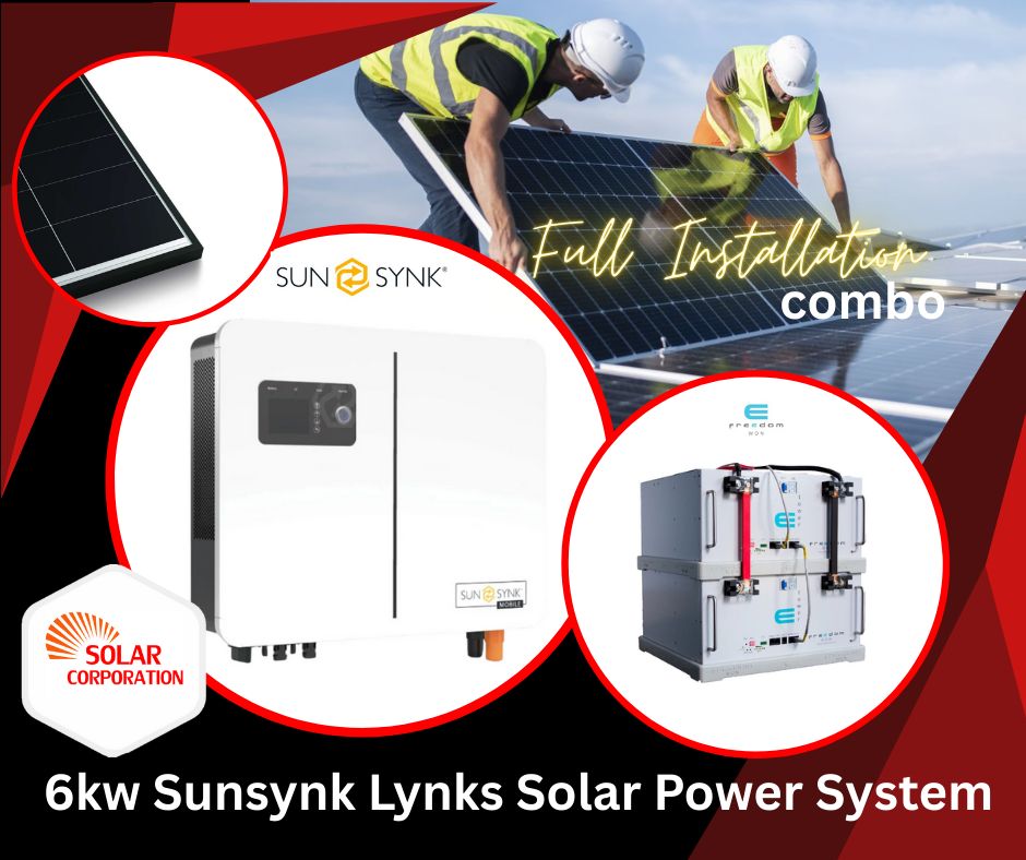 System Sunsynk Lynks 48V 6kW Full Hybrid Inverter 10kW Freedom Won eTower Lithium + 4.8kW Solar Panels