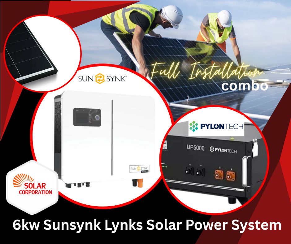System Sunsynk Lynks 48V 6kW Full Hybrid Inverter UP5000 Pylontech Lithium + 2.4kW Solar Panels Installed