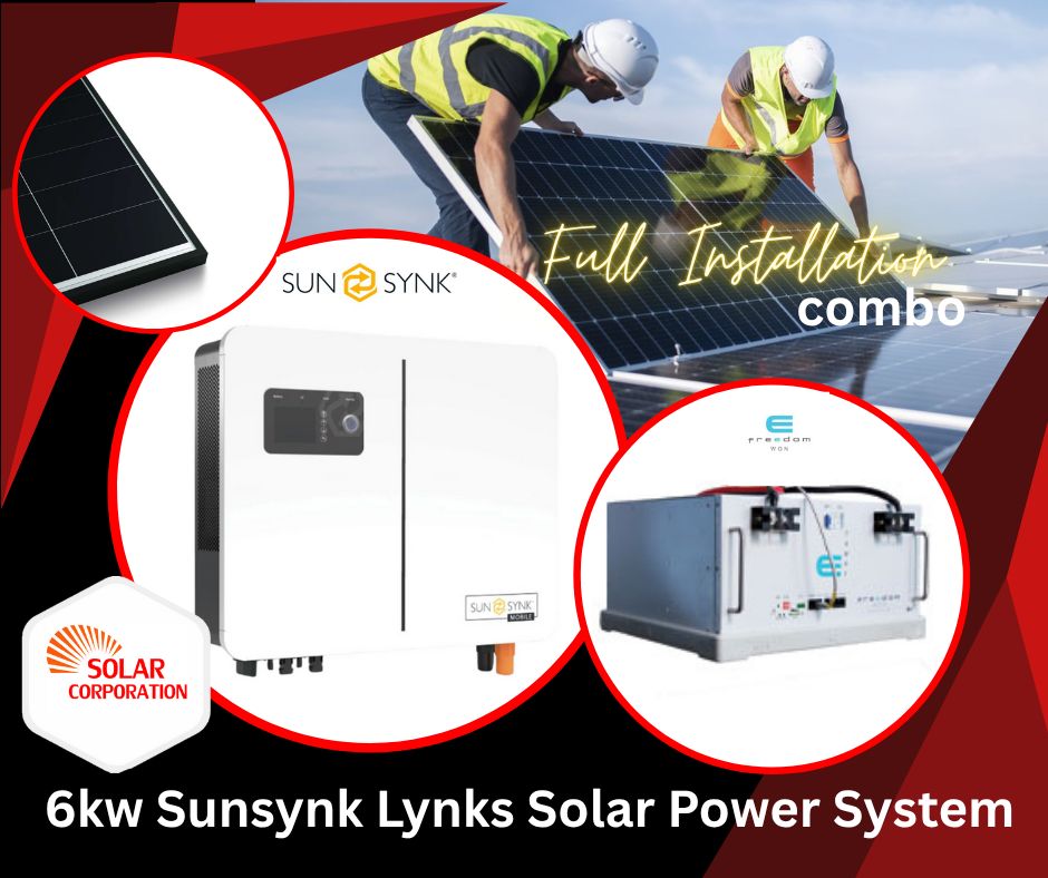 System Sunsynk Lynks 48V 6kW Full Hybrid Inverter 5kW Freedom Won eTower Lithium + 2.4kW Solar Panels Installed